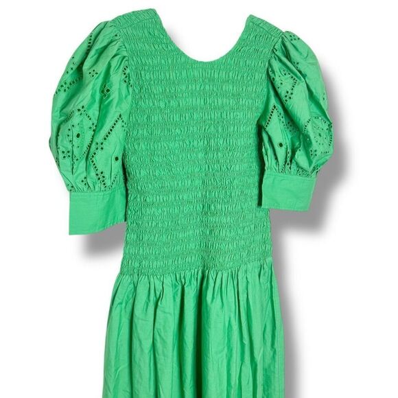 Ganni Broderie Anglaise Cotton Midi Dress in Kelly Green F7208 Women’s 38 / 8 US - Picture 9 of 16